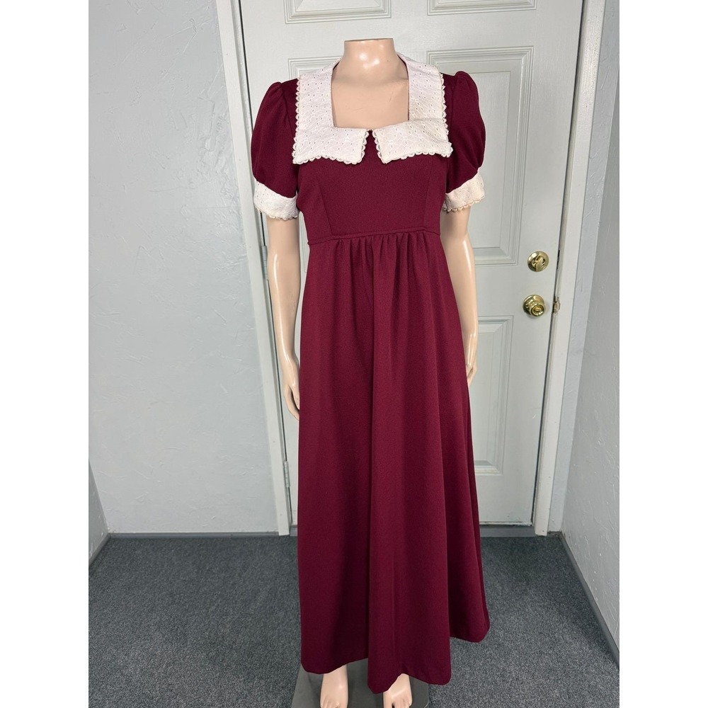 Vintage 70s Prairie Womens Dress Polyester Knit Party Maxi Short sleeve Lace B11